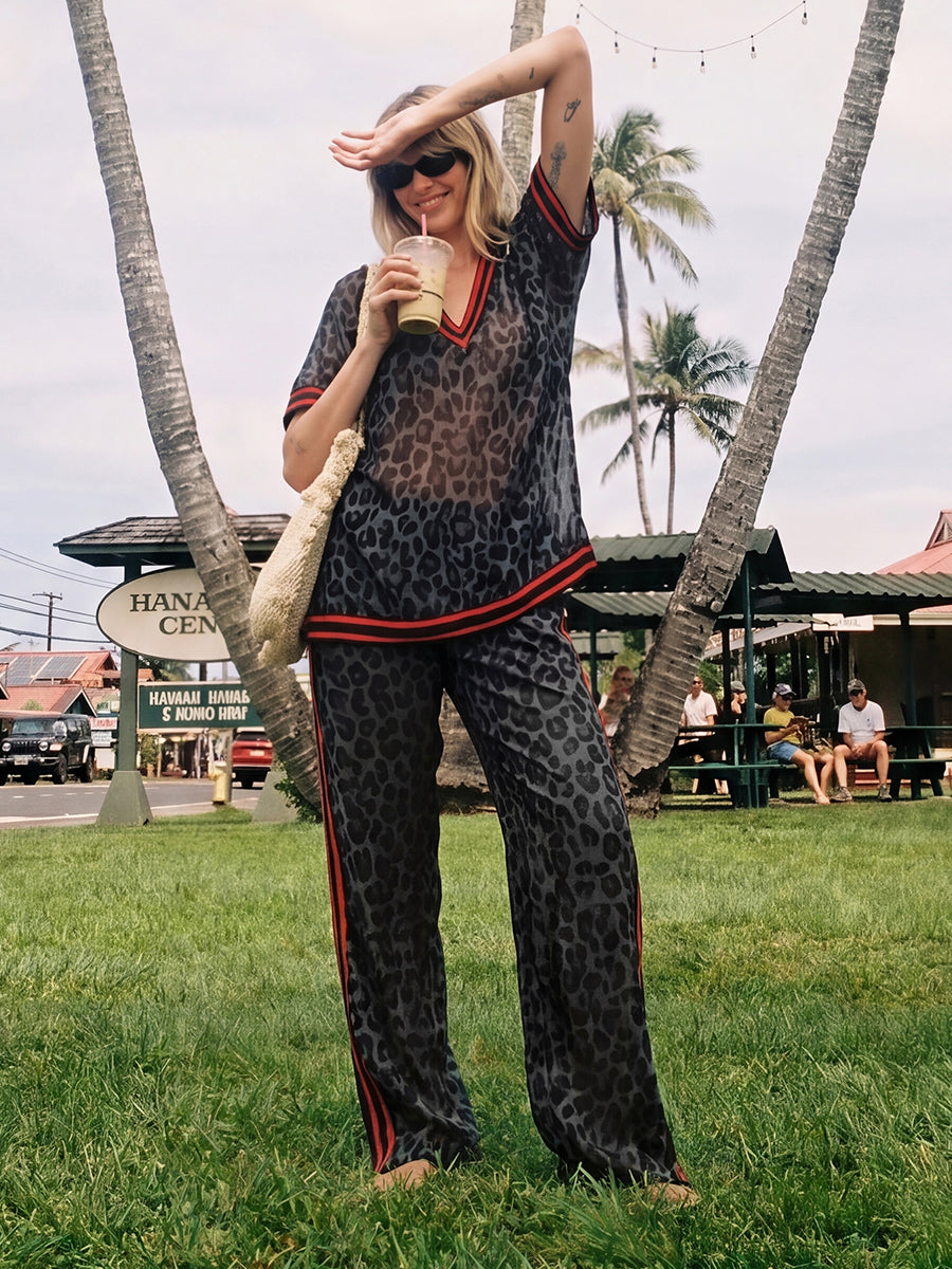 Loose Short Sleeves Contrast Color Leopard See-Through Split-Joint Striped Lapel Blouses&Shirts Tops