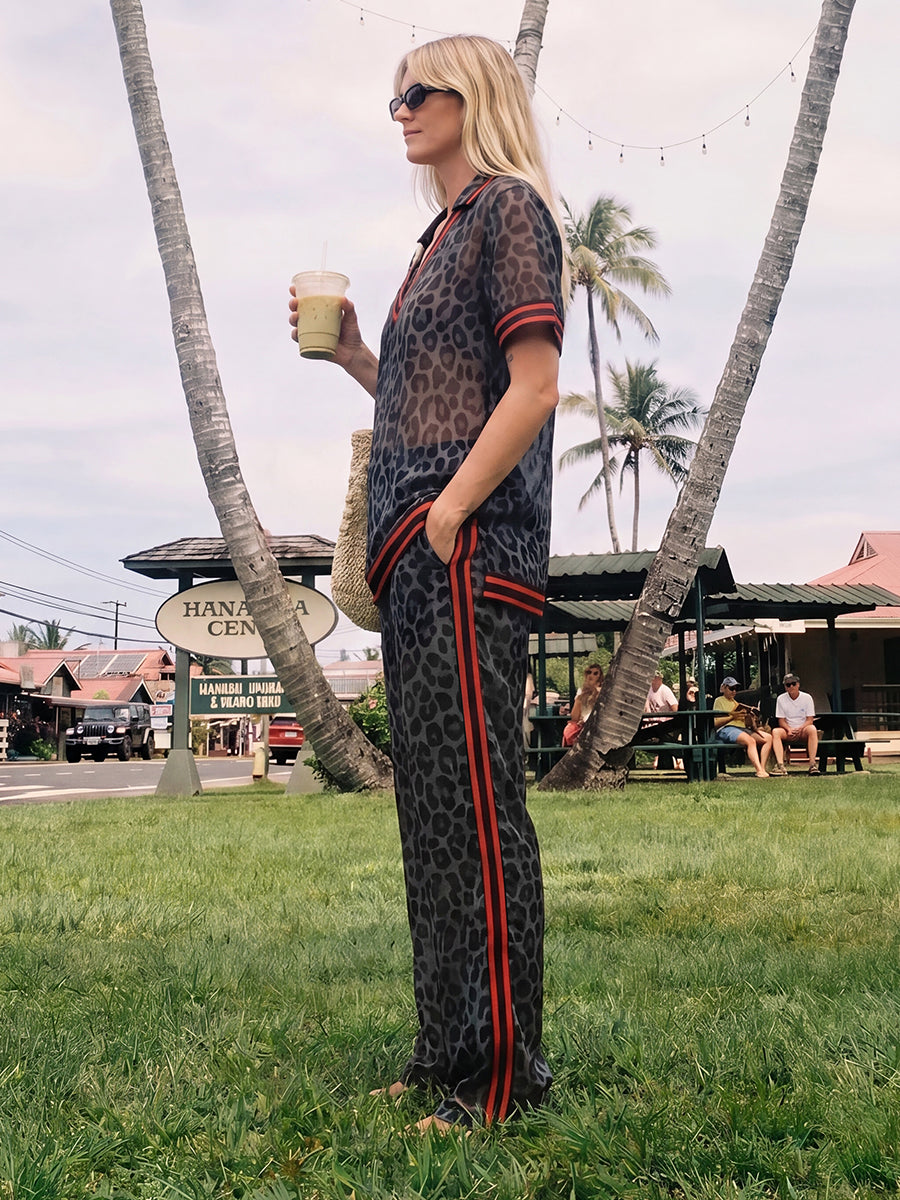 Loose Wide Leg Contrast Color Leopard Pockets See-Through Split-Joint Striped Pants Trousers