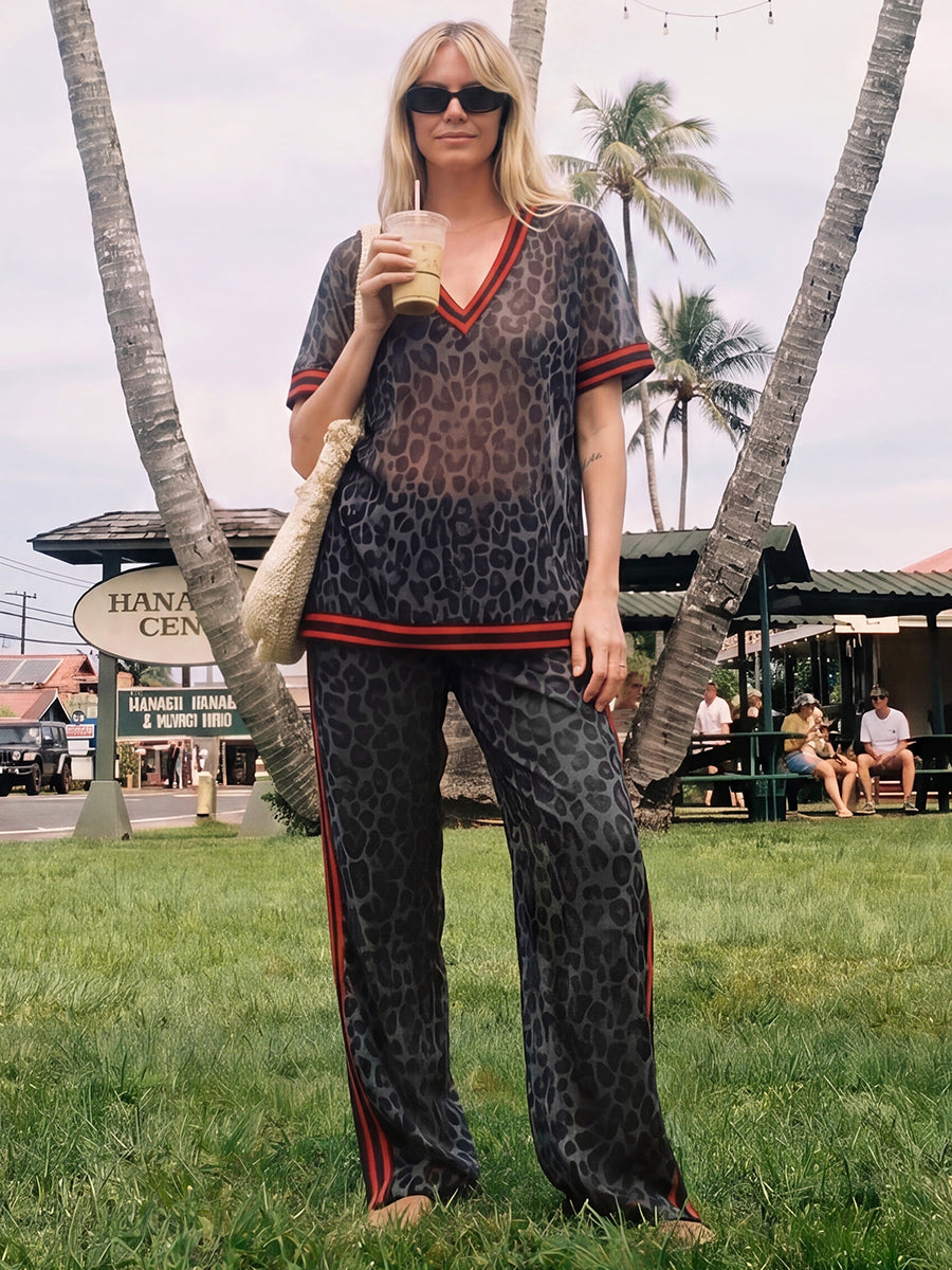 Loose Short Sleeves Contrast Color Leopard See-Through Split-Joint Striped Lapel Blouses&Shirts Tops
