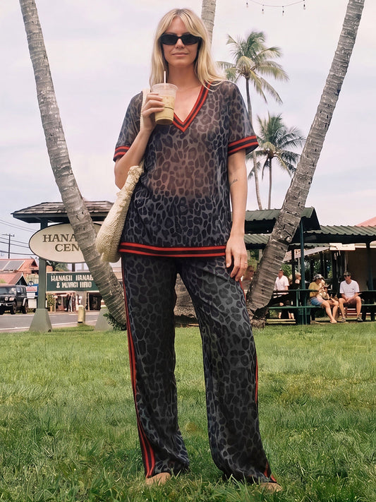 Loose Short Sleeves Contrast Color Leopard See-Through Split-Joint Striped Lapel Blouses&Shirts Tops