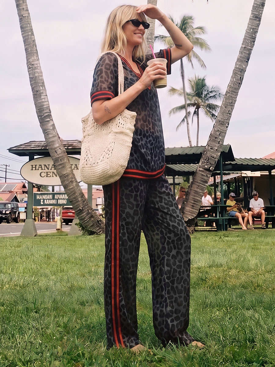 Loose Short Sleeves Contrast Color Leopard See-Through Split-Joint Striped Lapel Blouses&Shirts Tops