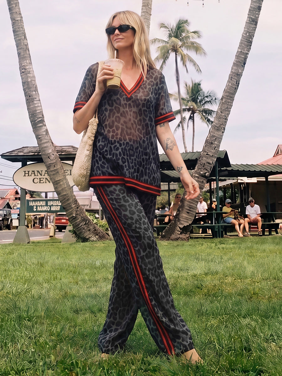 Loose Short Sleeves Contrast Color Leopard See-Through Split-Joint Striped Lapel Blouses&Shirts Tops